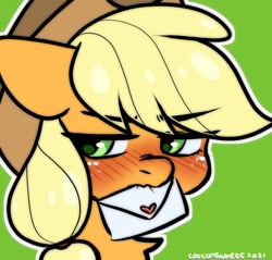 Size: 1100x1050 | Tagged: safe, artist:cottonsweets, applejack, earth pony, pony, g4, blushing, commission, commissioner:raritybro, cute, embarrassed, envelope, floppy ears, jackabetes, looking away, love letter, mouth hold, scrunchy face, solo, tsundere, tsunjack, ych result