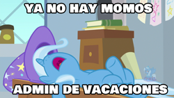 Size: 1280x720 | Tagged: safe, edit, edited screencap, screencap, trixie, pony, unicorn, a horse shoe-in, g4, belly, clothes, hat, meme, nose in the air, open mouth, sleeping, solo, spanish, text, trixie's hat