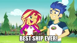 Size: 1280x720 | Tagged: safe, edit, edited screencap, screencap, flash sentry, sunset shimmer, equestria girls, g4, my little pony equestria girls: legend of everfree, best ship, best ship ever, caption, female, image macro, male, ship:flashimmer, shipping, straight, text