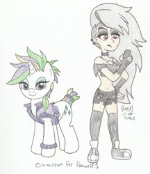 Size: 1207x1400 | Tagged: safe, artist:bageloftime, rarity, human, pony, unicorn, g4, alternate hairstyle, anthro to human, converse, crossover, disguise, disguised demon, disguised hellhound, duo, duo female, ear piercing, female, hellaverse, hellborn, helluva boss, humanized, loona (helluva boss), mare, pencil drawing, pentagram, phone, piercing, punk, raripunk, shoes, signature, simple background, sketch, traditional art, transformed, white background