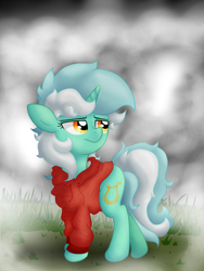 Size: 3024x4032 | Tagged: safe, artist:background basset, lyra heartstrings, pony, unicorn, g4, clothes, dig the swell hoodie, female, grass, hoodie, mare, mist, sad, solo