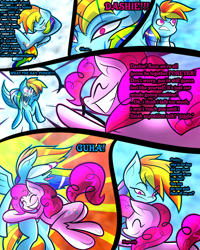 Size: 2400x3000 | Tagged: safe, artist:keytee-chan, pinkie pie, rainbow dash, earth pony, pegasus, pony, comic:the great big fusion 1 remake, g4, cloud, eyes closed, grab, high res, looking down, scared