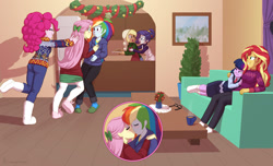 Size: 1815x1100 | Tagged: safe, alternate version, artist:carnifex, applejack, fluttershy, pinkie pie, rainbow dash, rarity, sci-twi, sunset shimmer, twilight sparkle, human, equestria girls, g4, apron, blushing, bow, bunny slippers, christmas sweater, clothes, commission, commissioner:beanzoboy, cookie, cuddling, eyes closed, female, food, glasses off, hair bow, hair bun, holiday, hoodie, humane five, humane seven, humane six, kiss on the lips, kissing, lesbian, mistletoe, necktie, now kiss, ship:flutterdash, ship:rarijack, ship:sci-twishimmer, ship:sunsetsparkle, shipper on deck, shipping, skirt, slippers, socks, stocking feet, sweater, winter