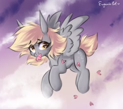 Size: 1350x1193 | Tagged: safe, artist:mysha, derpy hooves, pegasus, pony, g4, cute, derpabetes, female, flying, heart, looking at you, mare, mouth hold, solo, spread wings, wings