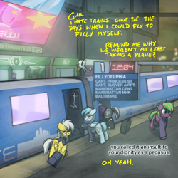 Size: 800x800 | Tagged: safe, artist:captainhoers, spitfire, oc, oc only, oc:concorde, pegasus, pony, the sunjackers, g4, cyberpunk, mare, nonbinary, offspring, older, parent:soarin', parent:spitfire, parents:soarinfire, train, train station