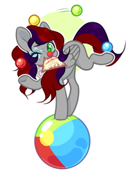 Size: 2000x2700 | Tagged: safe, oc, oc only, oc:evening prose, pegasus, pony, ball, clown, clown makeup, clown nose, female, freckles, high res, juggling, mare, red nose, simple background, solo, white background
