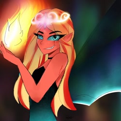 Size: 1080x1080 | Tagged: safe, alternate version, artist:rapunzelights, sunset shimmer, equestria girls, g4, abstract background, bare shoulders, choker, clothes, female, fiery shimmer, fire, grin, looking at you, pyromancy, sleeveless, smiling, solo, strapless, sunset satan