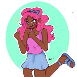 Size: 1080x1080 | Tagged: safe, artist:rapunzelights, pinkie pie, human, g4, abstract background, clothes, dark skin, humanized, open mouth, sandals, skirt, smiling, solo