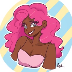 Size: 1080x1080 | Tagged: safe, artist:rapunzelights, pinkie pie, human, g4, abstract background, breasts, bust, cleavage, clothes, dark skin, grin, humanized, signature, smiling, solo