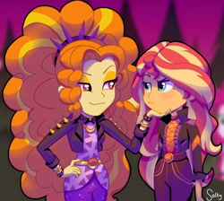 Size: 2378x2134 | Tagged: source needed, safe, artist:salty, adagio dazzle, sunset shimmer, equestria girls, equestria girls specials, g4, my little pony equestria girls: better together, my little pony equestria girls: rainbow rocks, my little pony equestria girls: sunset's backstage pass, duo, female, geode of empathy, hand on chin, high res, lesbian, magical geodes, music festival outfit, ship:sunsagio, shipping, smiling, smirk, sunset shimmer is not amused, unamused