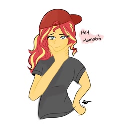Size: 1080x1080 | Tagged: safe, artist:rapunzelights, sunset shimmer, equestria girls, g4, backwards ballcap, baseball cap, bust, cap, clothes, female, hat, signature, simple background, solo, talking, thinking, white background