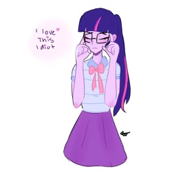 Size: 1080x1080 | Tagged: safe, artist:rapunzelights, sci-twi, twilight sparkle, equestria girls, g4, bust, clothes, eyes closed, female, glasses, signature, simple background, solo, talking, white background