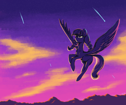 Size: 3000x2500 | Tagged: safe, artist:t72b, inky rose, pegasus, pony, g4, braided pigtails, cloud, flying, high res, missing accessory, mountain, mountain range, shooting star, sky, solo, stars, sunset