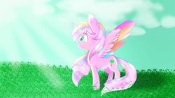 Size: 1200x674 | Tagged: safe, artist:aleurajan, oc, oc only, alicorn, pony, alicorn oc, cloud, grass, horn, outdoors, smiling, solo, wings