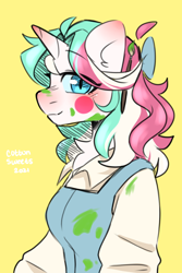 Size: 1000x1500 | Tagged: safe, artist:cottonsweets, oc, oc only, oc:cottonsweets, cat, cat pony, original species, unicorn, anthro, alternate hairstyle, bow, paint, paintbrush, solo