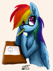 Size: 1536x2048 | Tagged: safe, artist:raphaeldavid, rainbow dash, pegasus, pony, g4, egghead, egghead dash, first you draw a circle, glasses, pencil, pencil in mouth, simple background, sketch, solo, thinking, white background