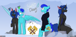 Size: 6200x3000 | Tagged: safe, artist:difis, oc, oc only, oc:swift dawn, changeling, pegasus, pony, semi-anthro, absurd resolution, arm hooves, blue changeling, blue eyes, changeling oc, commission, cutie mark, disguise, disguised changeling, eyebrows, eyebrows visible through hair, fangs, green eyes, horn, looking at you, male, pegasus oc, reference sheet, simple background, smiling, smiling at you, solo, spread wings, wings