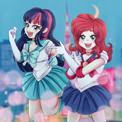 Size: 2700x2700 | Tagged: safe, artist:lucy-tan, pinkie pie, twilight sparkle, human, g4, clothes, commission, cosplay, costume, duo, duo female, female, high res, humanized, magical girl, sailor moon (series)