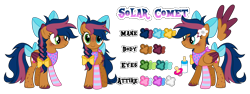 Size: 7640x2863 | Tagged: safe, artist:drakizora, oc, oc:solar comet, pegasus, pony, bandana, bow, braid, butt freckles, disguise, disguised changedling, eyelashes, feathered wings, freckles, heterochromia, leg freckles, male, messy mane, reference sheet, simple background, sock, solo, stallion, tail bow, transparent background, trap, wings