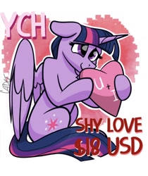 Size: 968x1152 | Tagged: safe, artist:cadetredshirt, twilight sparkle, alicorn, pony, g4, commission, holiday, shy, sitting, solo, twilight sparkle (alicorn), valentine, valentine's day, ych example, your character here