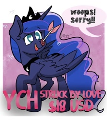 Size: 637x720 | Tagged: safe, artist:cadetredshirt, princess luna, alicorn, pony, accident, adorable face, adorkable, arrow, commission, cute, dork, heart eyes, holiday, love, lunabetes, missing accessory, offscreen character, solo, suction cup, valentine, valentine's day, wingding eyes, ych example, your character here