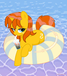 Size: 1280x1451 | Tagged: safe, artist:nebychko, artist:small-brooke1998, pony, unicorn, april o'neil, backwards cutie mark, base used, bedroom eyes, bubble tea, female, floaty, freckles, horn, inner tube, looking at you, mare, ponified, swimming pool, teenage mutant ninja turtles, water