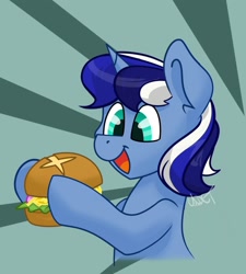 Size: 1350x1500 | Tagged: safe, artist:cadetredshirt, oc, oc only, oc:severith, pony, unicorn, blue coat, blue eyes, blue hair, burger, commission, food, hay burger, meal, multicolored hair, simple background, smiling, solo, ych example, your character here