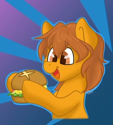 Size: 1350x1500 | Tagged: safe, artist:cadetredshirt, oc, oc only, earth pony, pony, burger, commission, food, hay burger, simple background, smiling, solo, ych example, your character here