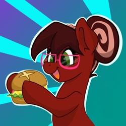 Size: 1500x1500 | Tagged: safe, artist:cadetredshirt, oc, oc only, oc:cadetpone, earth pony, pony, burger, commission, food, glasses, hair bun, happy, hay burger, lettuce, smiling, solo, ych example, your character here
