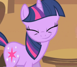 Size: 592x516 | Tagged: safe, screencap, twilight sparkle, pony, unicorn, a bird in the hoof, g4, season 1, >:), evil grin, eyes closed, female, gif, glowing horn, grin, horn, mare, non-animated gif, ominous, pure unfiltered evil, rapeface, smiling, smirk, solo, unicorn twilight