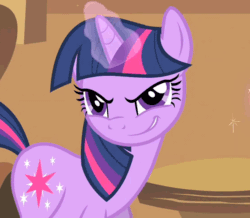 Size: 592x516 | Tagged: safe, screencap, twilight sparkle, pony, unicorn, a bird in the hoof, g4, season 1, >:), evil grin, female, gif, glowing horn, grin, horn, magic, mare, non-animated gif, ominous, pure unfiltered evil, rapeface, smiling, smirk, solo, unicorn twilight