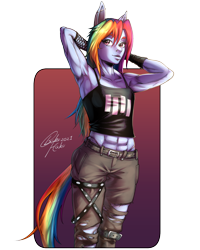 Size: 1200x1500 | Tagged: safe, artist:bakuhaku, rainbow dash, anthro, g4, abs, armpits, biceps, black flag, buff, clothes, delicious flat chest, female, fishnets, industrial piercing, lip piercing, midriff, muscles, muscular female, nose piercing, nose ring, panties, pants, piercing, punk, rainbow flat, rainbuff dash, ripped pants, short shirt, stupid sexy rainbow dash, tank top, thong, torn clothes, underwear