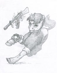 Size: 780x1000 | Tagged: safe, artist:adeptus-monitus, oc, oc only, oc:littlepip, pony, unicorn, fallout equestria, clothes, fanfic, fanfic art, female, fight scene, glowing horn, gun, hooves, horn, jumpsuit, levitation, magic, mare, monochrome, pipbuck, rifle, running, simple background, solo, telekinesis, traditional art, vault suit, weapon, white background