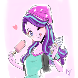 Size: 2000x2000 | Tagged: safe, artist:niorsaj, starlight glimmer, equestria girls, g4, beanie, clothes, cute, female, food, glimmerbetes, hat, heart, high res, ice cream, one eye closed, solo, that human sure does love ice cream, that pony sure does love ice cream, wink