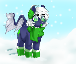 Size: 2449x2033 | Tagged: safe, artist:melpone, oc, oc only, oc:lilith (dollpone), earth pony, pony, clothes, earmuffs, female, high res, mare, scarf, snow, socks, solo, tongue out