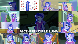 Size: 1968x1108 | Tagged: safe, edit, edited screencap, editor:quoterific, screencap, princess celestia, princess luna, principal celestia, sunset shimmer, vice principal luna, a banner day, equestria girls, friendship games, g4, legend of everfree, my little pony equestria girls, photo finished, rainbow rocks, brooch, clipboard, clothes, cutie mark, cutie mark accessory, cutie mark brooch, cutie mark on clothes, duo, duo female, female, hat, jewelry, microphone, misspelling, open mouth, thinking