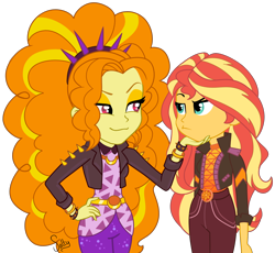 Size: 2378x2192 | Tagged: safe, artist:salty, adagio dazzle, sunset shimmer, equestria girls, equestria girls specials, g4, my little pony equestria girls: better together, my little pony equestria girls: rainbow rocks, my little pony equestria girls: sunset's backstage pass, base used, duo, female, geode of empathy, hand on chin, high res, lesbian, magical geodes, music festival outfit, ship:sunsagio, shipping, simple background, smiling, smirk, sunset shimmer is not amused, transparent background, unamused