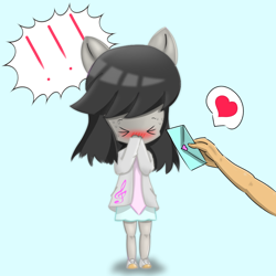 Size: 900x900 | Tagged: artist needed, source needed, safe, octavia melody, anthro, g4, blue background, blushing, disembodied arm, disembodied hand, exclamation point, hand, heart, letter, simple background
