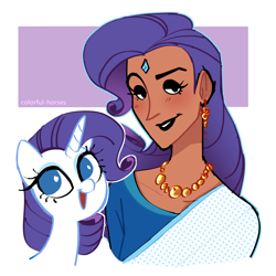 Size: 2500x2500 | Tagged: safe, artist:syrupyyy, rarity, human, pony, unicorn, g4, alternate hairstyle, dark skin, duo, ear piercing, earring, eyeshadow, female, grin, high res, humanized, indian, jewelry, lipstick, makeup, mare, necklace, open mouth, piercing, self paradox, self ponidox, smiling