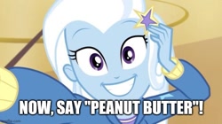 Size: 667x374 | Tagged: safe, edit, edited screencap, screencap, trixie, human, do it for the ponygram!, equestria girls, g4, my little pony equestria girls: better together, caption, cute, diatrixes, female, image macro, imgflip, looking at you, solo, teeth, text, that human sure does love peanut butter crackers