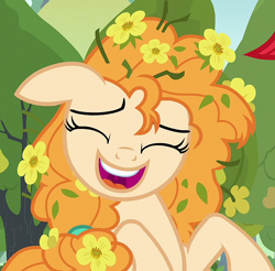 Size: 976x961 | Tagged: safe, screencap, pear butter, earth pony, pony, g4, the perfect pear, cropped, cute, eyes closed, female, floppy ears, flower, flower in hair, laughing, mare, messy mane, open mouth, pearabetes, uvula, uvula shaking