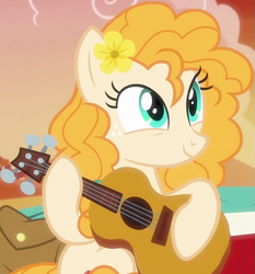 Size: 967x1039 | Tagged: safe, screencap, pear butter, earth pony, pony, g4, the perfect pear, cropped, cute, female, flower, flower in hair, guitar, mare, musical instrument, pearabetes, solo