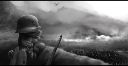 Size: 2100x1080 | Tagged: safe, artist:richmay, oc, oc only, changeling, equestria at war mod, cigarette, clothes, german, grayscale, helmet, military, military uniform, monochrome, smoking, soldier, solo, uniform, war, weapon, wings, world war ii