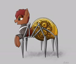 Size: 2522x2118 | Tagged: safe, artist:kviksi, oc, oc only, monster pony, original species, spiderpony, brown hair, clothes, fangs, gears, gray background, high res, mechanism, simple background, steampunk, yellow eyes
