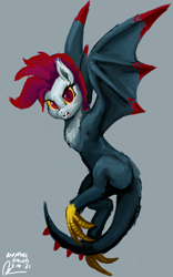 Size: 1600x2560 | Tagged: safe, artist:raphaeldavid, derpibooru exclusive, oc, oc only, oc:atricia firestone, cockatrice, cockatrice pony, hybrid, monster pony, original species, angry, fangs, female, flying, gray background, hole, hybrid oc, looking at you, mare, red eyes, simple background, solo, wing arms
