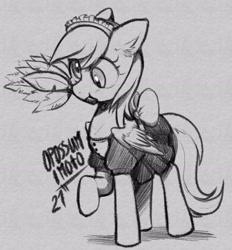 Size: 2751x2964 | Tagged: safe, artist:opossum_imoto, derpy hooves, pegasus, pony, g4, bowtie, clothes, cute, duster, high res, maid, monochrome, raised hoof, solo