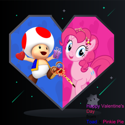Size: 2543x2549 | Tagged: safe, artist:creaciones-jean, artist:estories, artist:user15432, pinkie pie, earth pony, pony, g4, arrow, barely pony related, crossover, crossover shipping, crown, duo, flower, flower in hair, happy valentines day, heart, high res, holiday, jewelry, looking at you, nintendo, present, regalia, shipping, staff, super mario bros., toad (mario bros), toad pie, valentine, valentine's day, valentine's day card