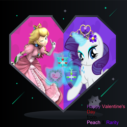 Size: 2543x2549 | Tagged: safe, artist:creaciones-jean, artist:estories, artist:luckreza8, artist:user15432, rarity, human, pony, unicorn, g4, barely pony related, be mine, crack shipping, crossover, crossover shipping, crown, duo, flower, flower in hair, glowing, glowing horn, happy valentines day, heart, high res, holiday, horn, jewelry, looking at you, nintendo, one eye closed, present, princess peach, raripeach, regalia, shipping, super mario bros., valentine, valentine's day, valentine's day card, wink, winking at you
