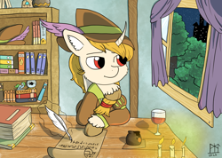 Size: 1800x1280 | Tagged: safe, artist:ladycookie, oc, oc only, oc:regal inkwell, pony, unicorn, alcohol, book, bookshelf, candle, clothes, curtains, doublet, glass, hat, inkwell, lo-fi beats, male, quill, red eyes, scroll, solo, stallion, studying, tree, window, wine, wine glass