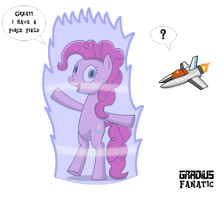 Size: 1741x1540 | Tagged: safe, artist:gradiusfanatic, pinkie pie, earth pony, pony, g4, bipedal, crossover, female, force field, gradius, looking at you, open mouth, plane, vic viper